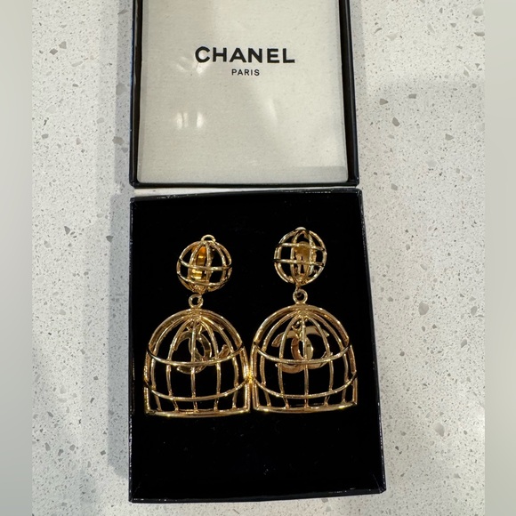 CHANEL 24k Gold Plated Vintage Birdcage Earrings - Picture 1 of 6